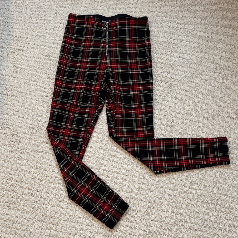 Zara Red and Black Plaid Skinny Pants